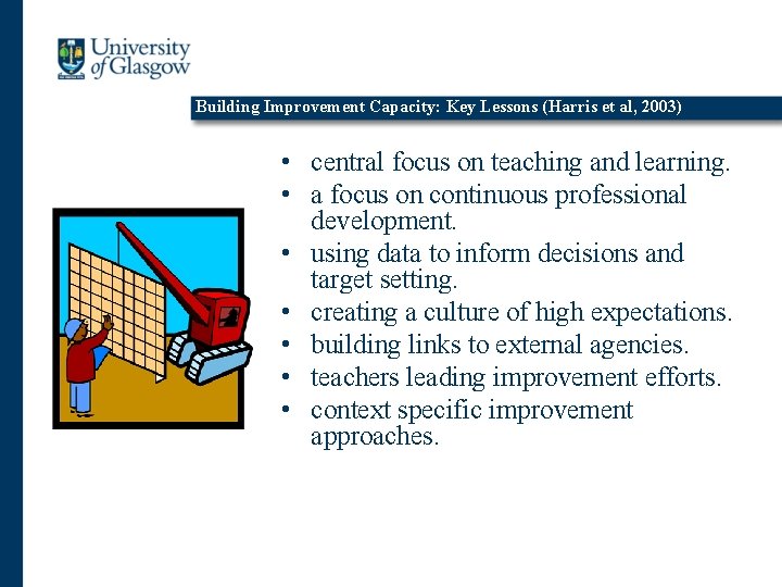 Building Improvement Capacity: Key Lessons (Harris et al, 2003) • central focus on teaching