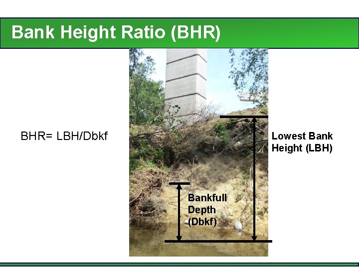 Bank Height Ratio (BHR) BHR= LBH/Dbkf Lowest Bank Height (LBH) Bankfull Depth (Dbkf) 