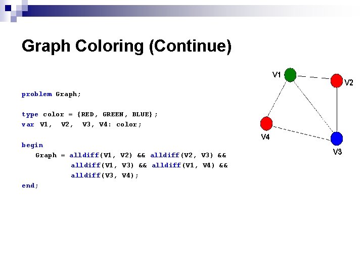 Graph Coloring (Continue) problem Graph; type color = {RED, GREEN, BLUE}; var V 1,