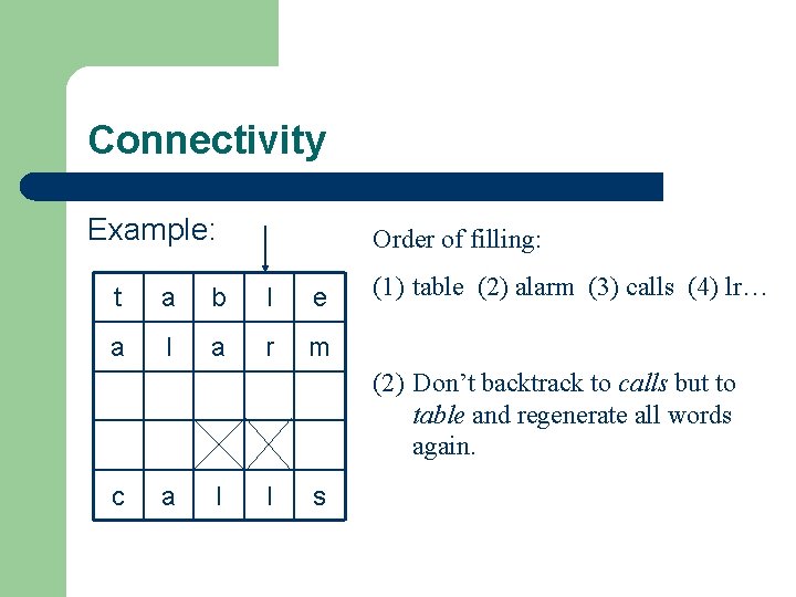 Connectivity Example: Order of filling: t a b l e a l a r