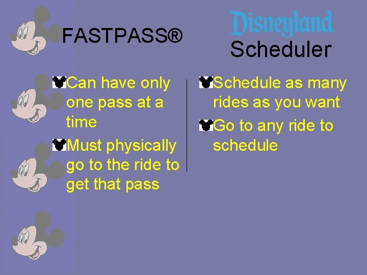 FASTPASS® Can have only one pass at a time Must physically go to the
