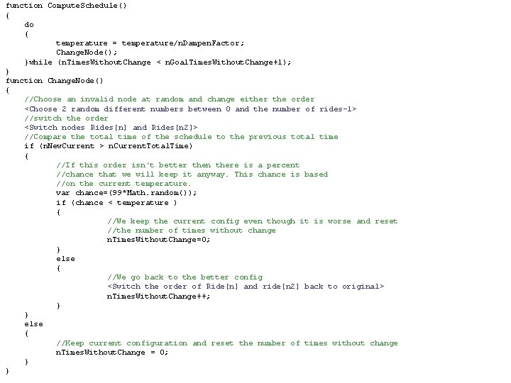 function Compute. Schedule() { do { temperature = temperature/n. Dampen. Factor; Change. Node(); }while