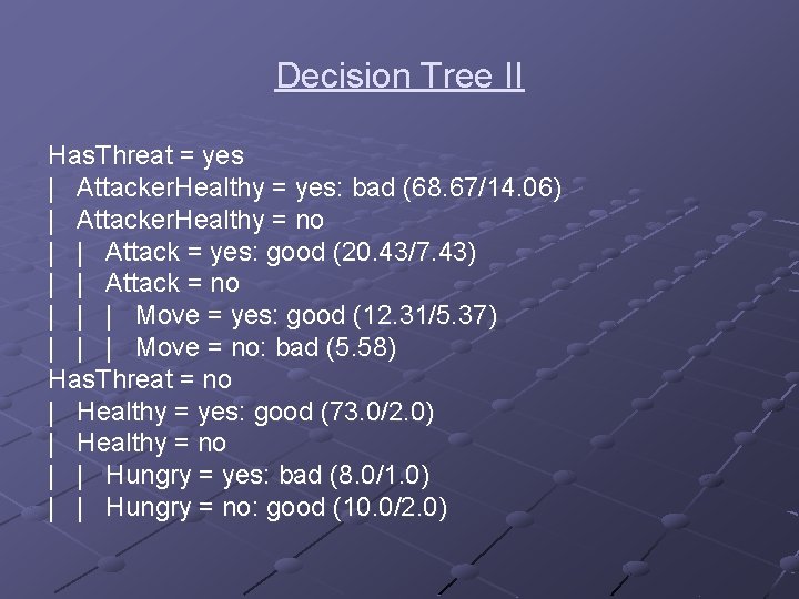 Decision Tree II Has. Threat = yes | Attacker. Healthy = yes: bad (68.