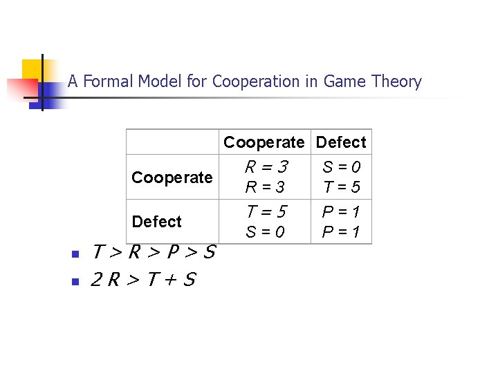 A Formal Model for Cooperation in Game Theory Cooperate Defect R=3 S=0 Cooperate R=3