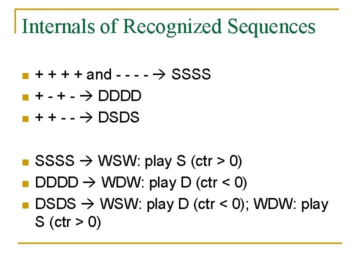 Internals of Recognized Sequences n n n + + and - - SSSS +