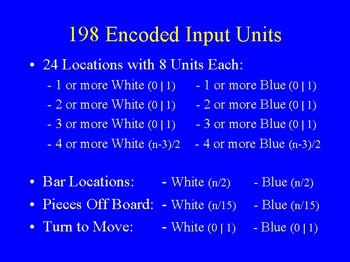 198 Encoded Input Units • 24 Locations with 8 Units Each: - 1 or