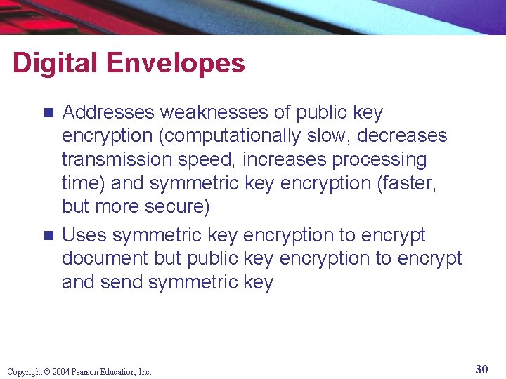 Digital Envelopes Addresses weaknesses of public key encryption (computationally slow, decreases transmission speed, increases