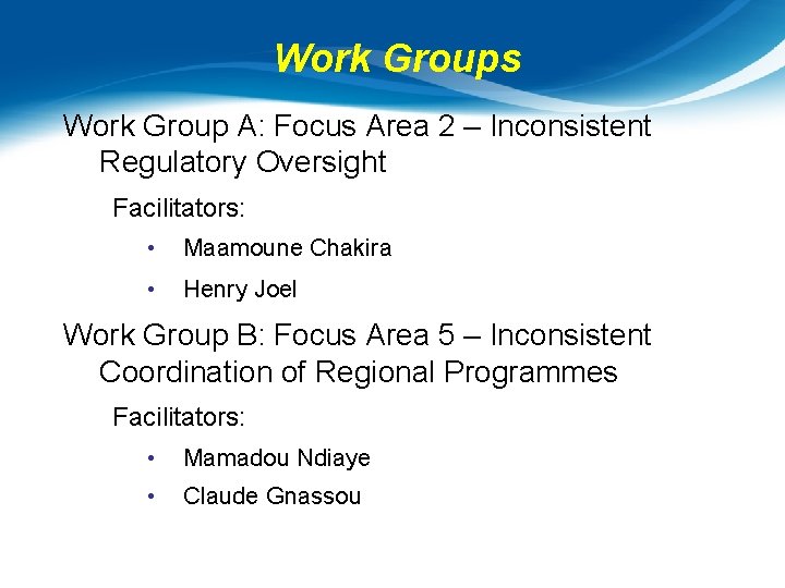 Work Groups Work Group A: Focus Area 2 – Inconsistent Regulatory Oversight Facilitators: •
