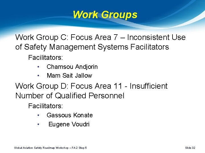 Work Groups Work Group C: Focus Area 7 – Inconsistent Use of Safety Management