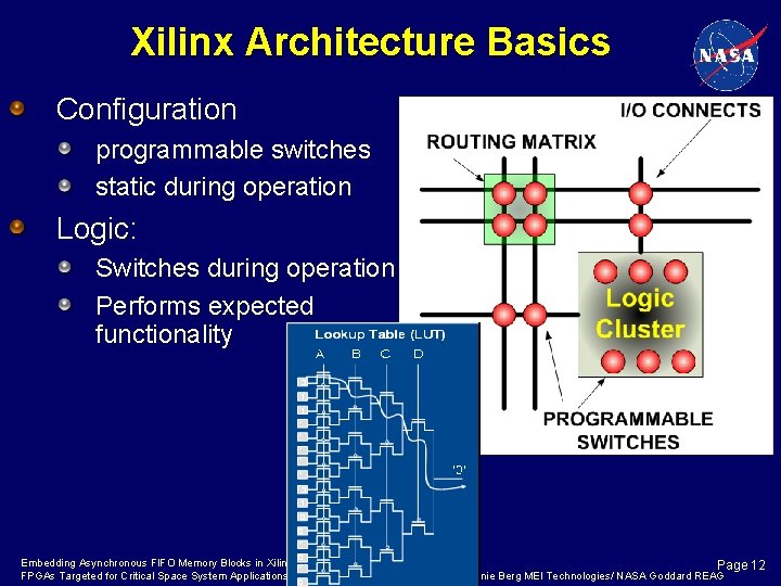 Xilinx Architecture Basics Configuration programmable switches static during operation Logic: Switches during operation Performs