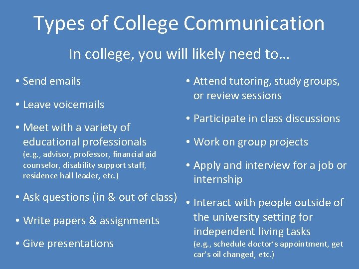 Types of College Communication In college, you will likely need to… • Send emails