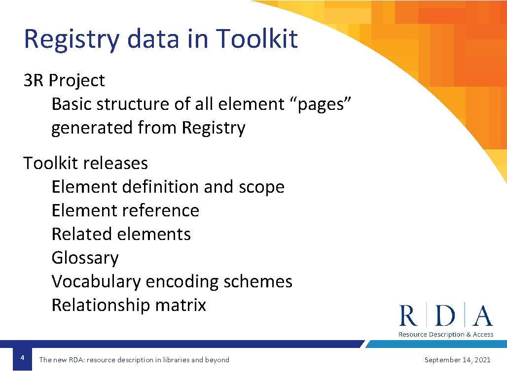 Registry data in Toolkit 3 R Project Basic structure of all element “pages” generated