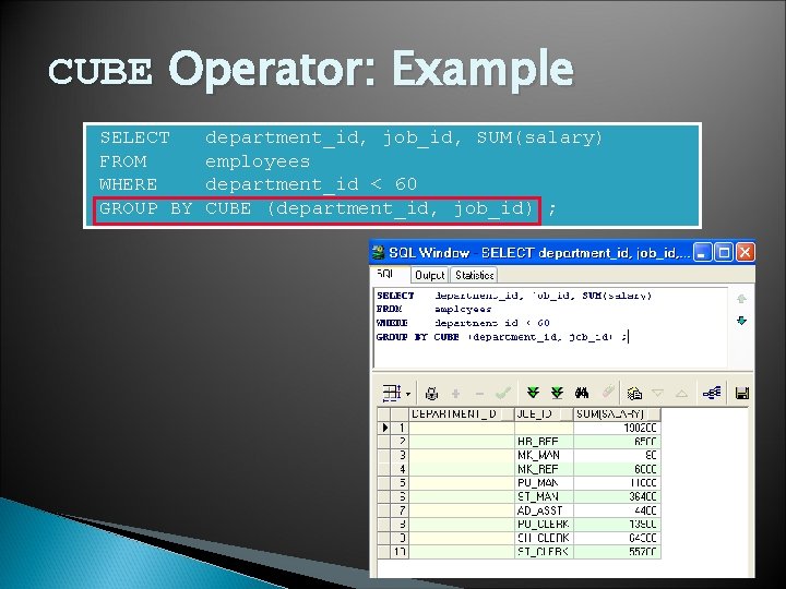 CUBE Operator: Example SELECT FROM WHERE GROUP BY department_id, job_id, SUM(salary) employees department_id <
