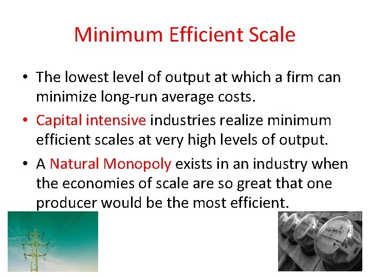 Minimum Efficient Scale • The lowest level of output at which a firm can