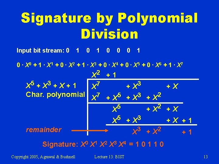 Signature by Polynomial Division Input bit stream: 0 1 0 0 0 1 0