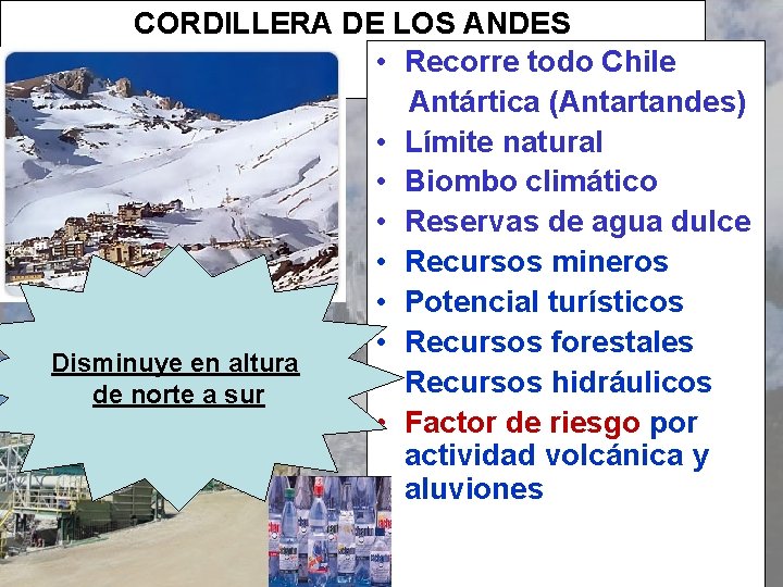 CORDILLERA DE LOS ANDES • Recorre todo Chile Antártica (Antartandes) • Límite natural •