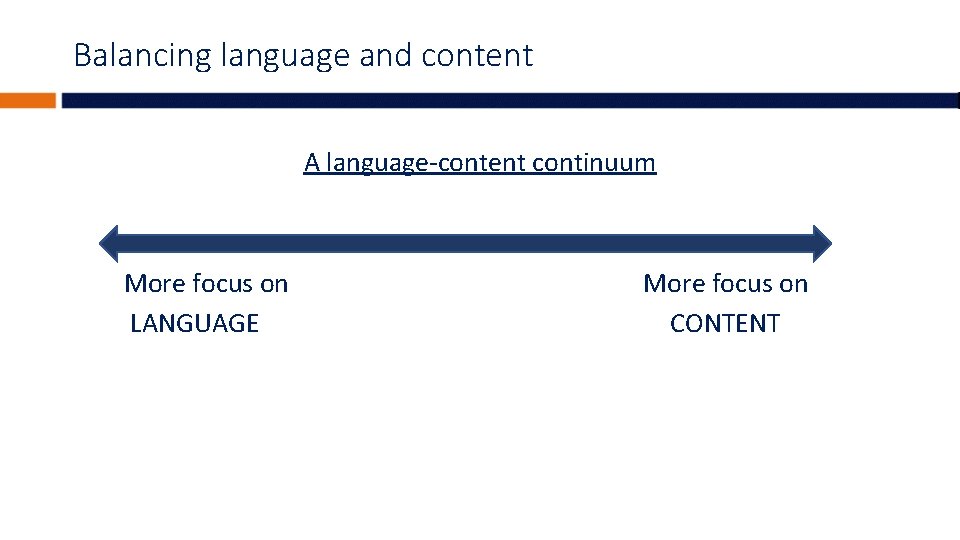 Balancing language and content A language-content continuum More focus on LANGUAGE More focus on