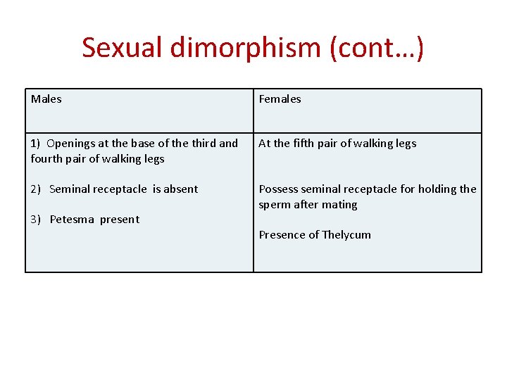 Sexual dimorphism (cont…) Males Females 1) Openings at the base of the third and