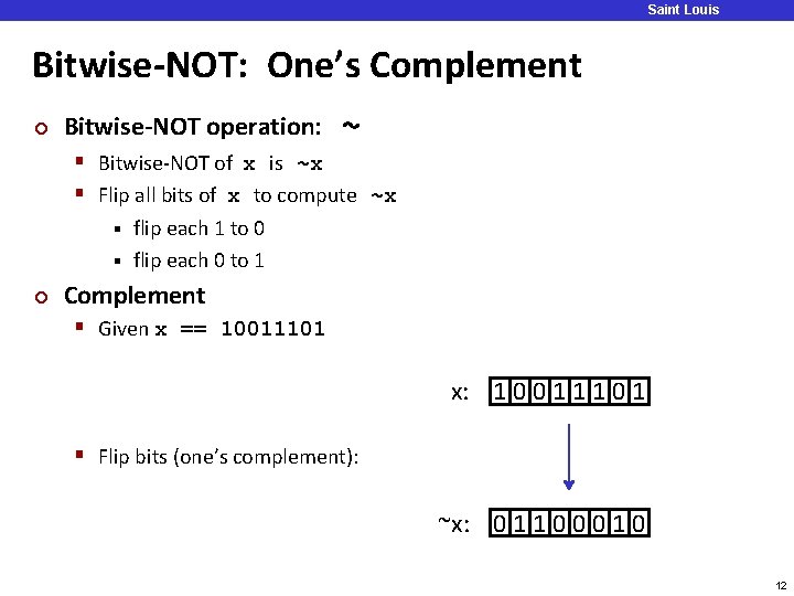 Saint Louis University Bitwise-NOT: One’s Complement ¢ Bitwise-NOT operation: ~ § Bitwise-NOT of x