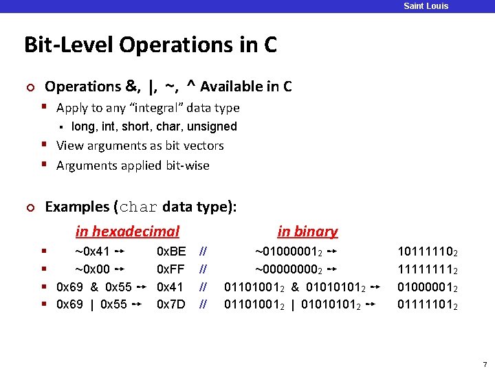 Saint Louis University Bit-Level Operations in C ¢ Operations &, |, ~, ^ Available