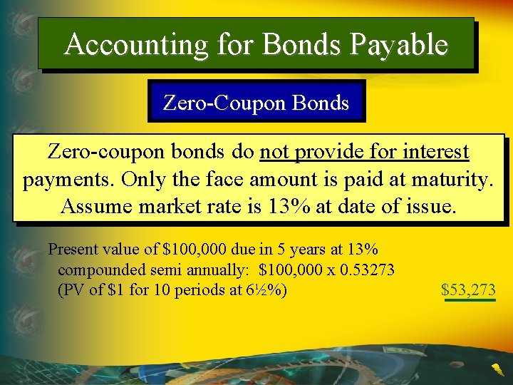 Accounting for Bonds Payable Zero-Coupon Bonds Zero-coupon bonds do not provide for interest payments.