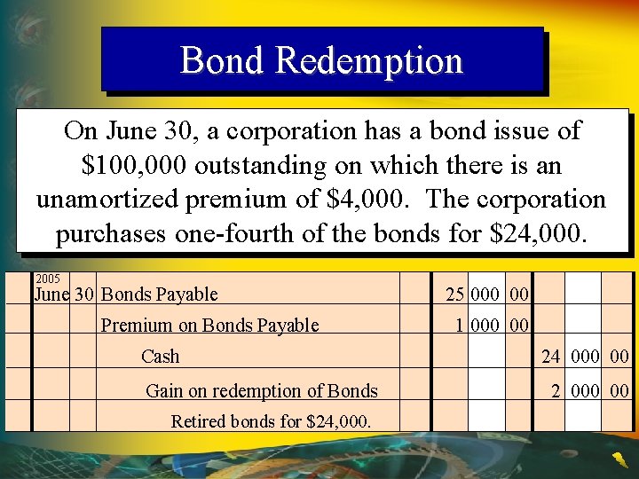 Bond Redemption On June 30, a corporation has a bond issue of $100, 000