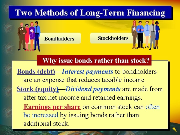 Two Methods of Long-Term Financing Bondholders Stockholders Why issue bonds rather than stock? Bonds