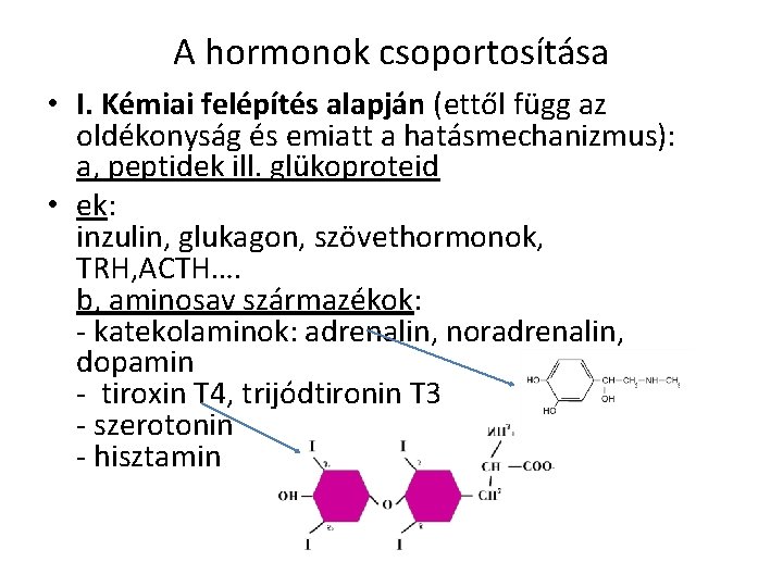 A hormonok csoportosítása • I. Kémiai felépítés alapján (ettől függ az oldékonyság és emiatt