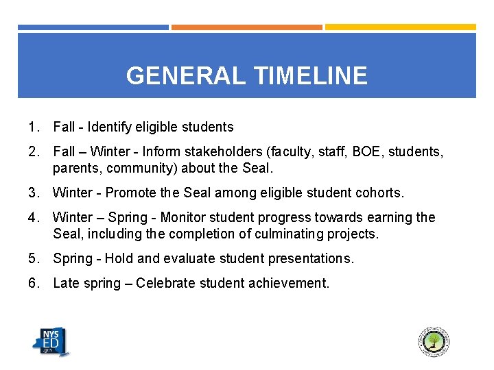 GENERAL TIMELINE 1. Fall - Identify eligible students 2. Fall – Winter - Inform