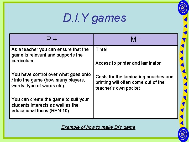 D. I. Y games P+ M- As a teacher you can ensure that the