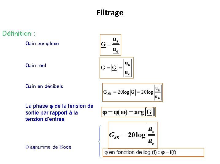 Filtrage Définition : Gain complexe Gain réel Gain en décibels La phase j de