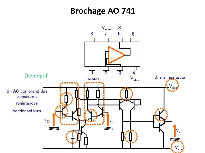 Brochage AO 741 8 Valim+ 7 S 6 5 + Descriptif 1 masse 2