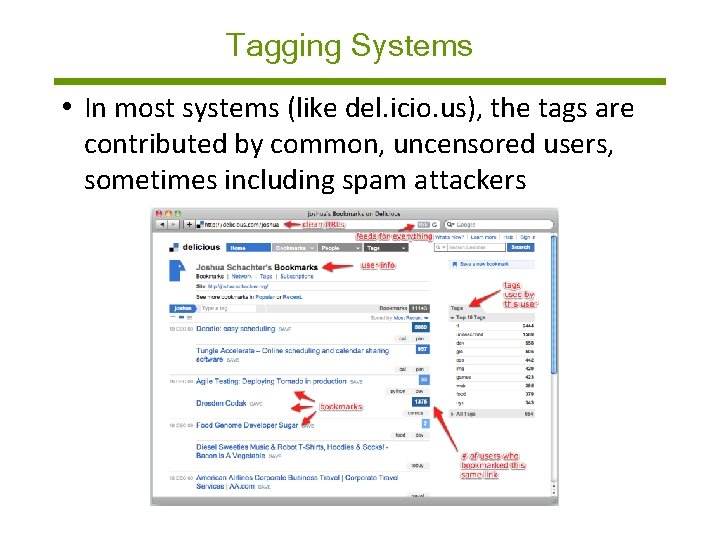 Tagging Systems • In most systems (like del. icio. us), the tags are contributed