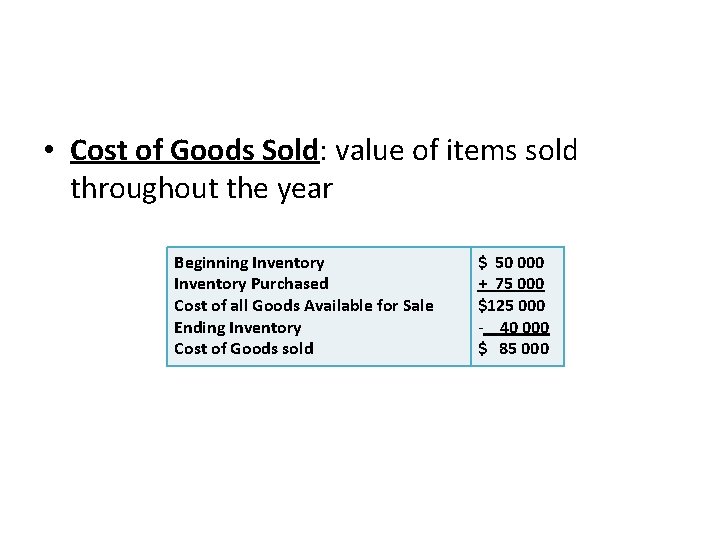  • Cost of Goods Sold: value of items sold throughout the year Beginning