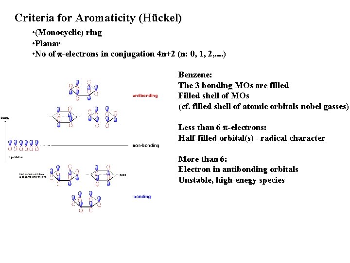 Criteria for Aromaticity (Hückel) • (Monocyclic) ring • Planar • No of p-electrons in