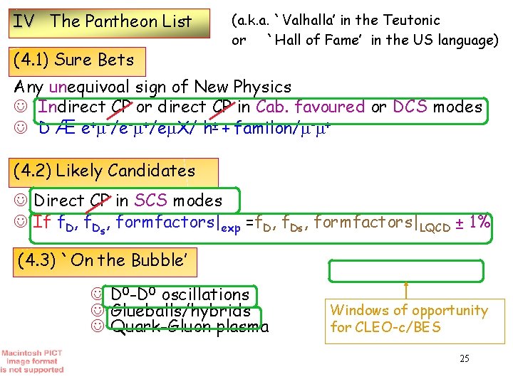 IV The Pantheon List (4. 1) Sure Bets (a. k. a. `Valhalla’ in the