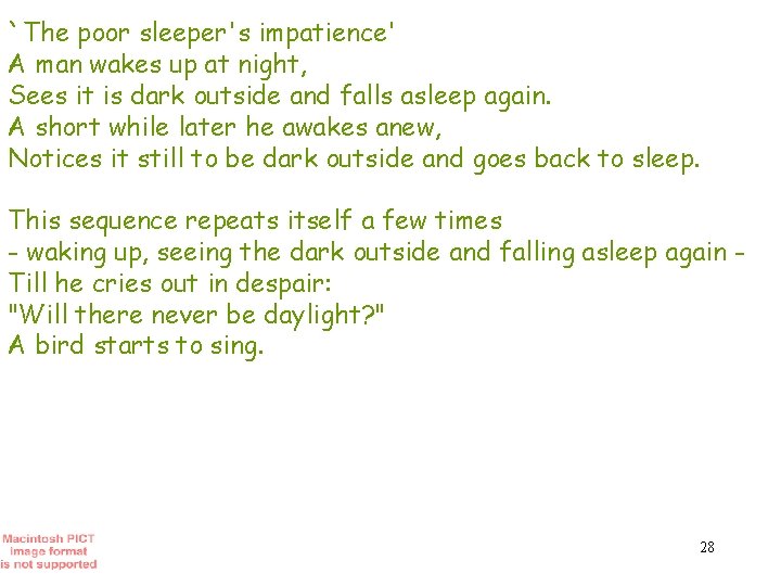 `The poor sleeper's impatience' A man wakes up at night, Sees it is dark