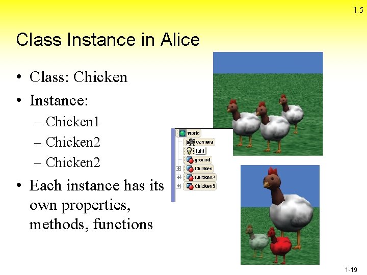 1. 5 Class Instance in Alice • Class: Chicken • Instance: – Chicken 1 1. 5 Class Instance in Alice • Class: Chicken • Instance: – Chicken 1