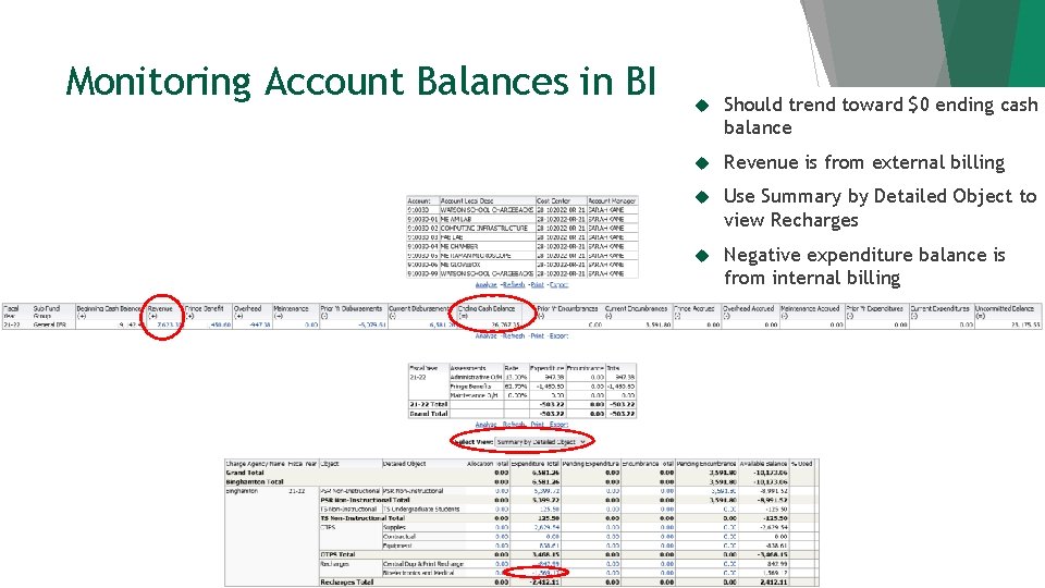 Monitoring Account Balances in BI Should trend toward $0 ending cash balance Revenue is