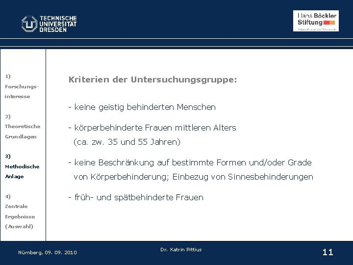 1) Forschungs- Kriterien der Untersuchungsgruppe: interesse - keine geistig behinderten Menschen 2) Theoretische Grundlagen