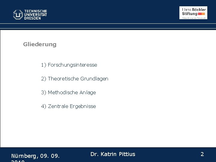 Gliederung 1) Forschungsinteresse 2) Theoretische Grundlagen 3) Methodische Anlage 4) Zentrale Ergebnisse Nürnberg, 09.