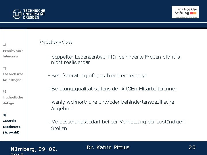 Problematisch: 1) Forschungsinteresse - doppelter Lebensentwurf für behinderte Frauen oftmals nicht realisierbar 2) Theoretische