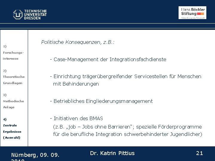 Politische Konsequenzen, z. B. : 1) Forschungsinteresse - Case-Management der Integrationsfachdienste 2) Theoretische Grundlagen