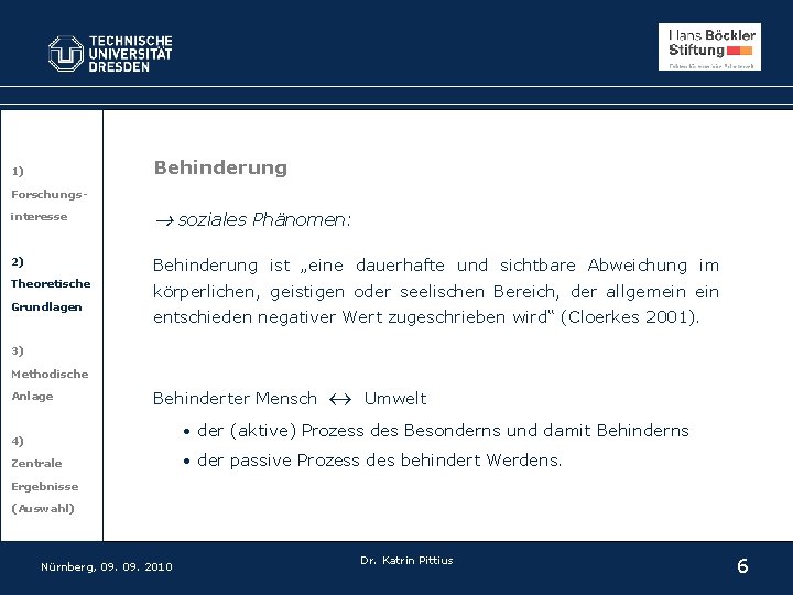 Behinderung 1) Forschungsinteresse soziales Phänomen: 2) Behinderung ist „eine dauerhafte und sichtbare Abweichung im