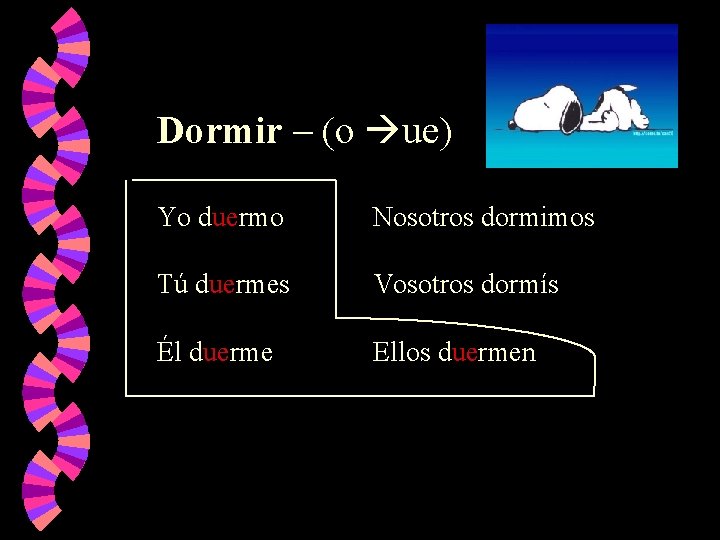 Dormir – (o ue) Yo duermo Nosotros dormimos Tú duermes Vosotros dormís Él duerme