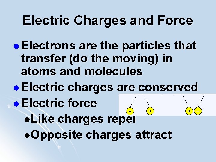 Electric Charges and Force l Electrons are the particles that transfer (do the moving)