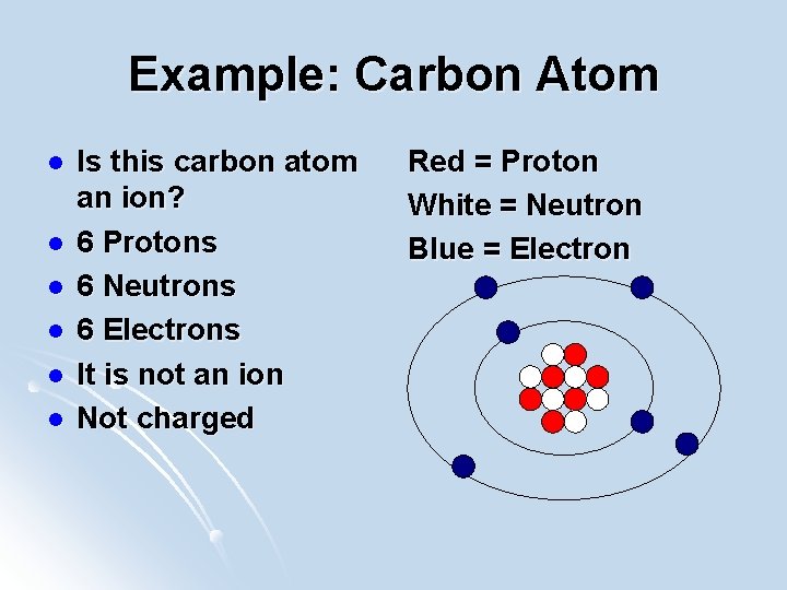 Example: Carbon Atom l l l Is this carbon atom an ion? 6 Protons