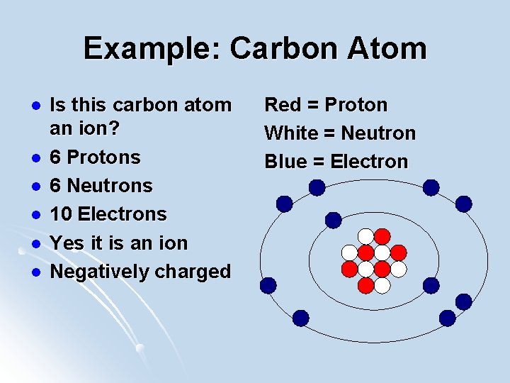 Example: Carbon Atom l l l Is this carbon atom an ion? 6 Protons