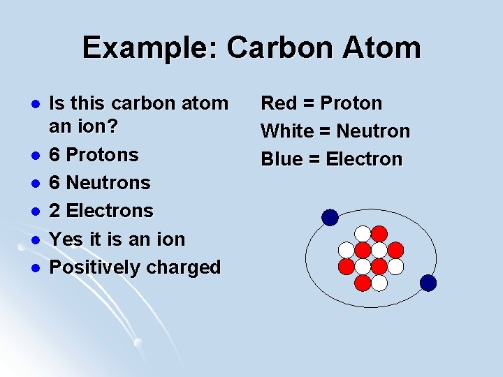 Example: Carbon Atom l l l Is this carbon atom an ion? 6 Protons