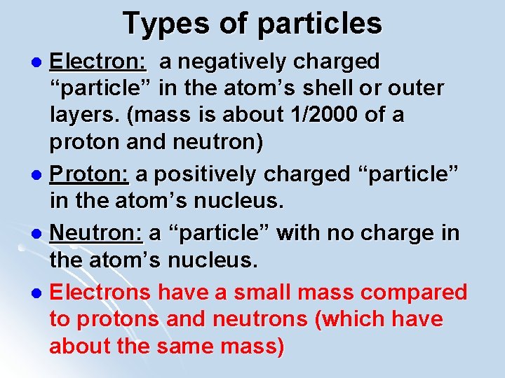 Types of particles Electron: a negatively charged “particle” in the atom’s shell or outer